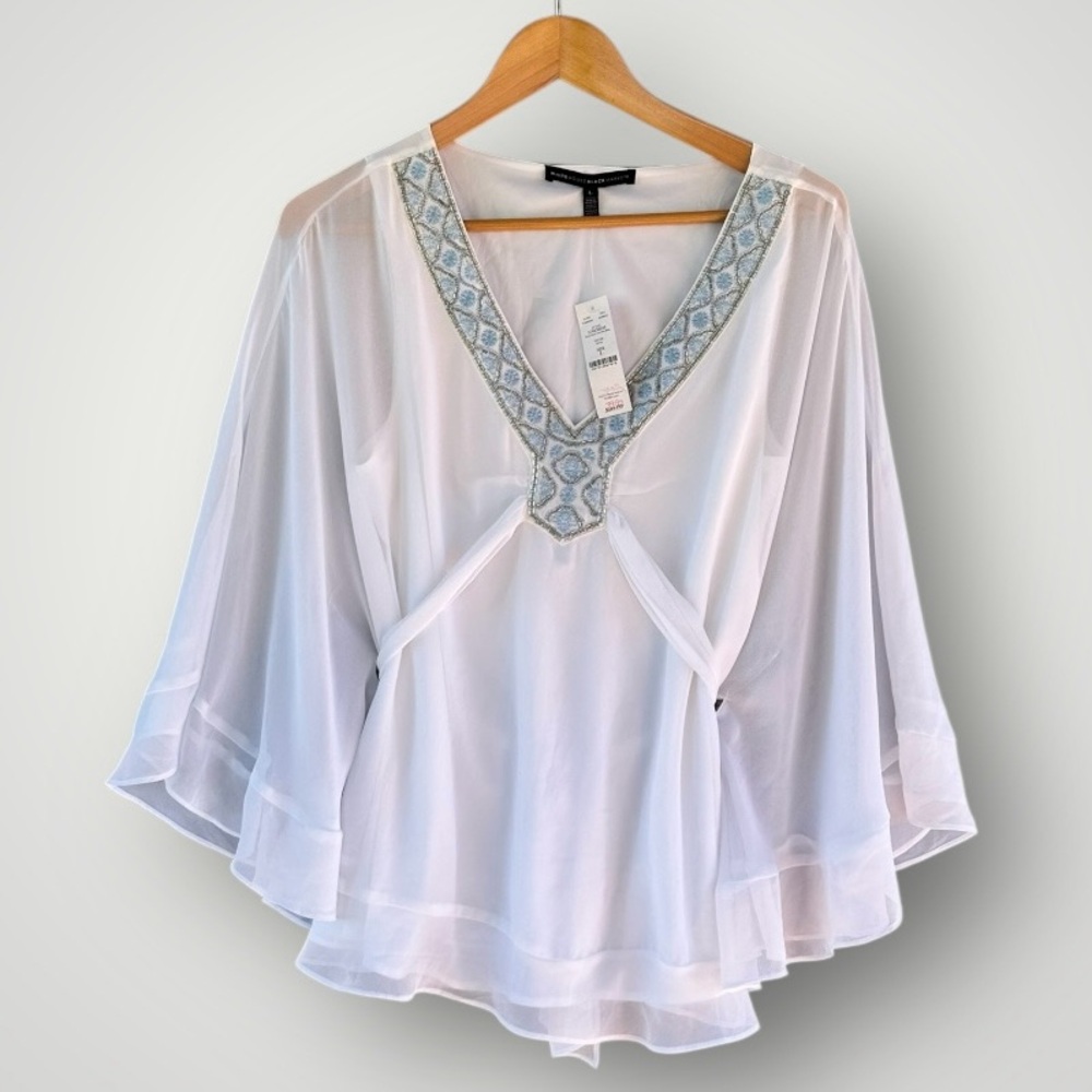 White House Black Market White Sheer Blouse with Blue Accents